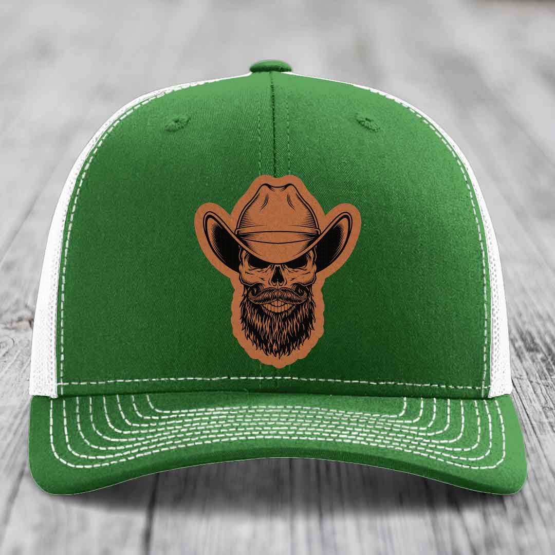 Bearded Cowboy Skull - Leather Patch Hat - Rawhide to Black Patch - Richardson 112 Snapback Trucker Hat