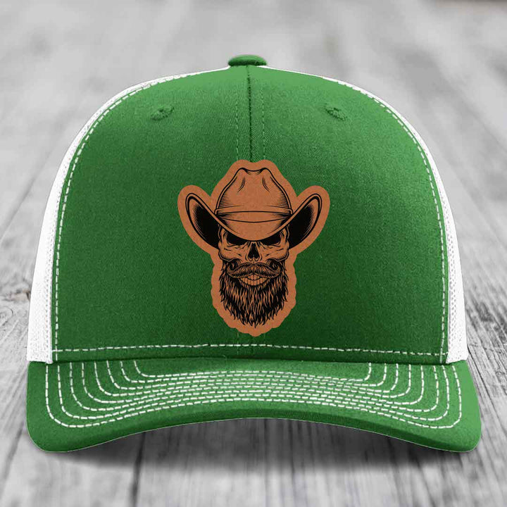 Bearded Cowboy Skull - Leather Patch Hat - Rawhide to Black Patch - Richardson 112 Snapback Trucker Hat