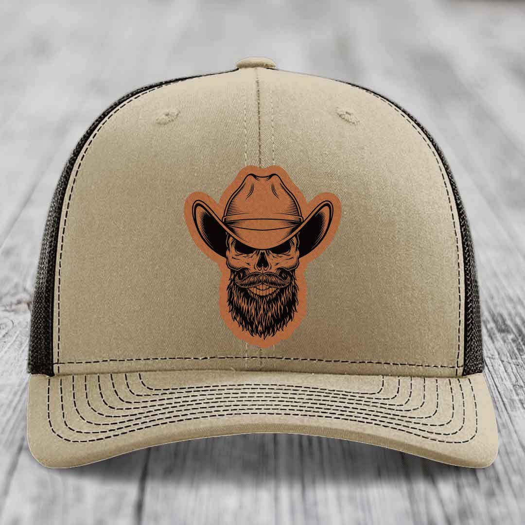 Bearded Cowboy Skull - Leather Patch Hat - Rawhide to Black Patch - Richardson 112 Snapback Trucker Hat
