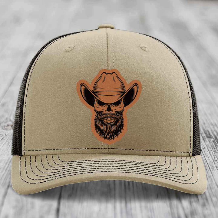 Bearded Cowboy Skull - Leather Patch Hat - Rawhide to Black Patch - Richardson 112 Snapback Trucker Hat