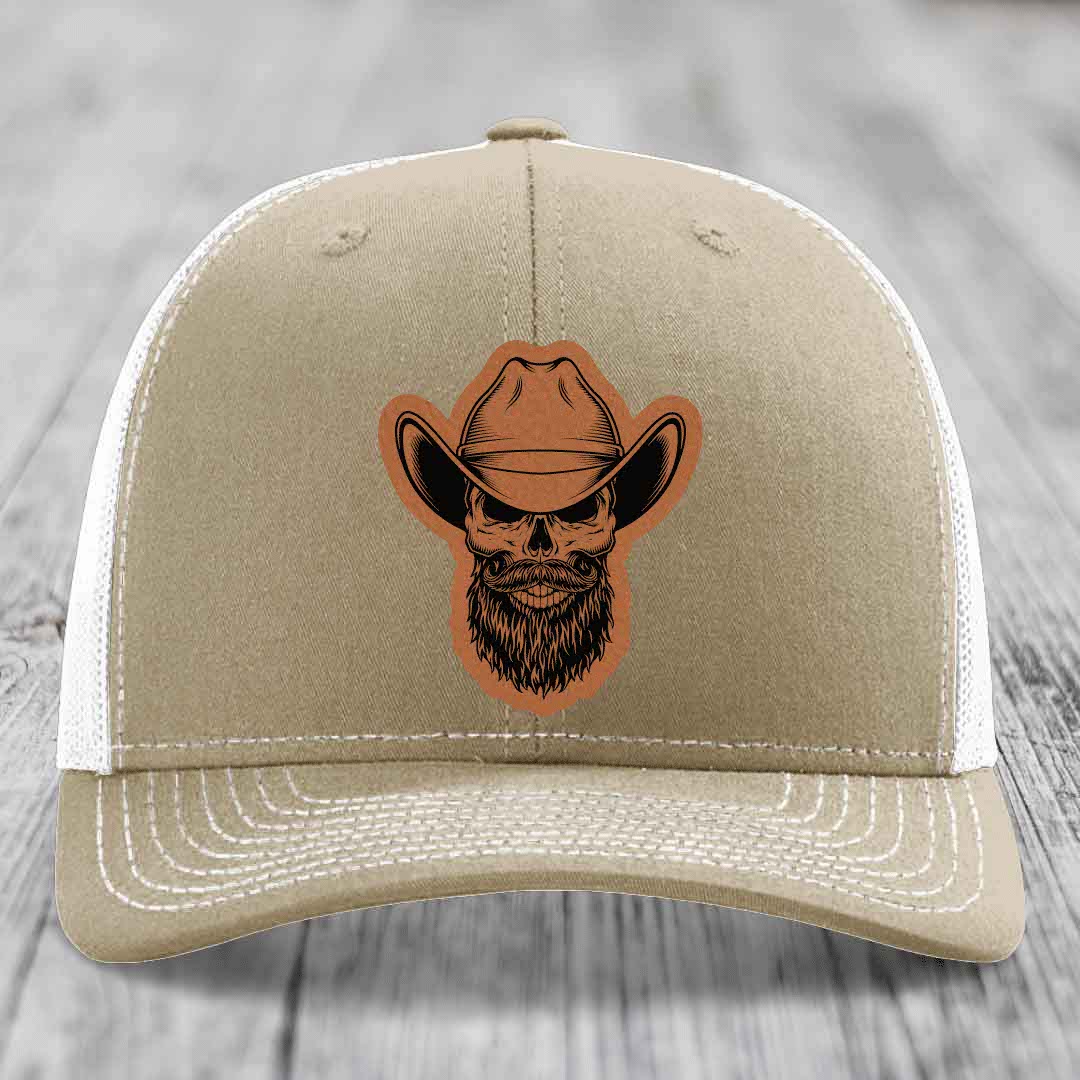 Bearded Cowboy Skull - Leather Patch Hat - Rawhide to Black Patch - Richardson 112 Snapback Trucker Hat