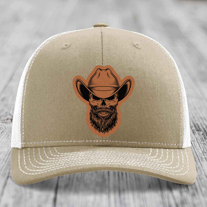 Bearded Cowboy Skull - Leather Patch Hat - Rawhide to Black Patch - Richardson 112 Snapback Trucker Hat