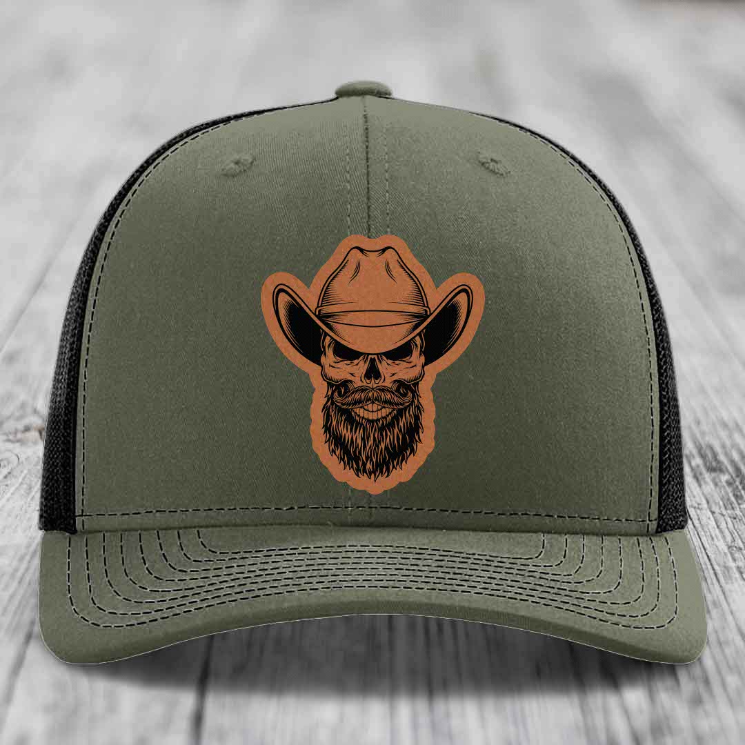Bearded Cowboy Skull - Leather Patch Hat - Rawhide to Black Patch - Richardson 112 Snapback Trucker Hat
