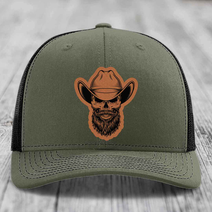 Bearded Cowboy Skull - Leather Patch Hat - Rawhide to Black Patch - Richardson 112 Snapback Trucker Hat