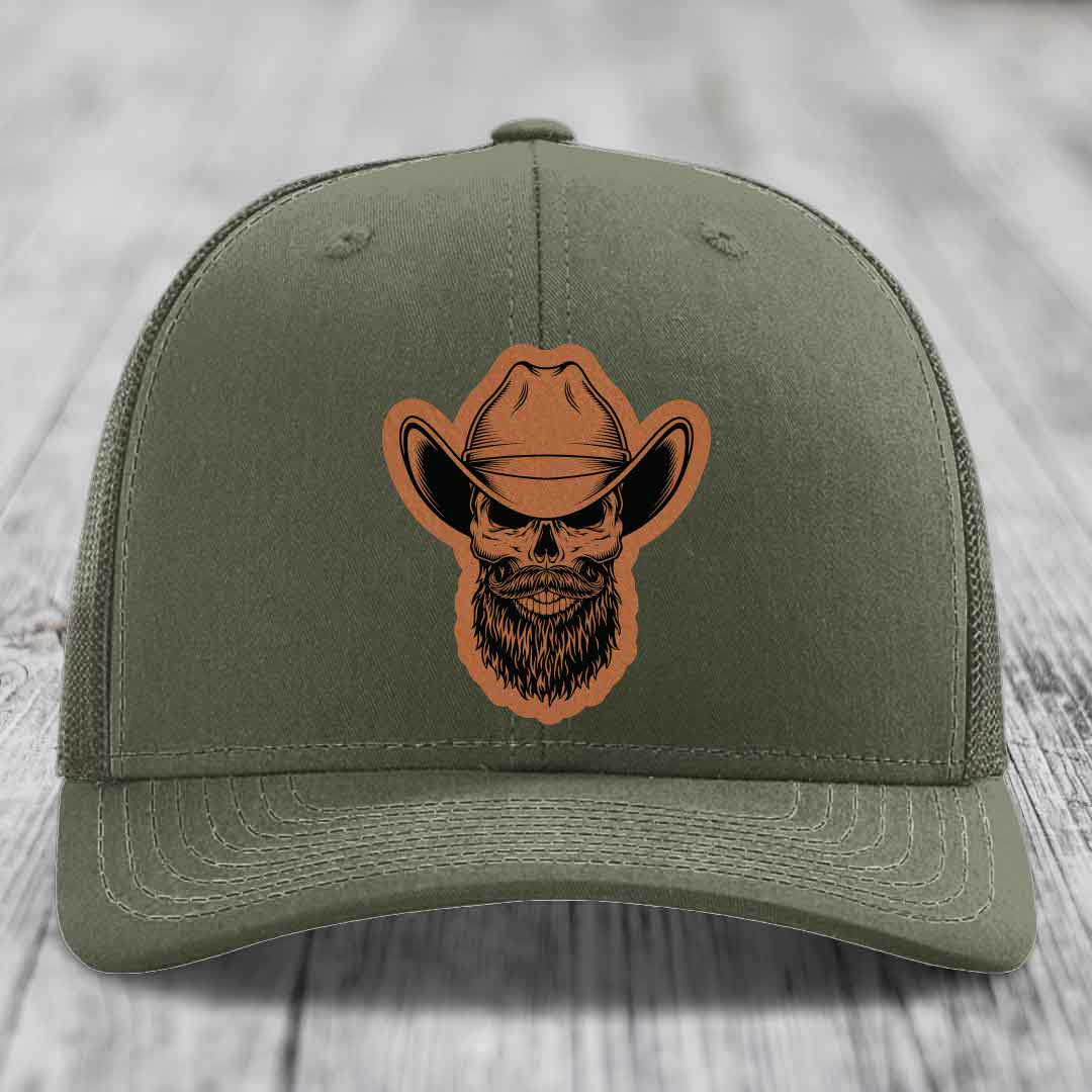 Bearded Cowboy Skull - Leather Patch Hat - Rawhide to Black Patch - Richardson 112 Snapback Trucker Hat