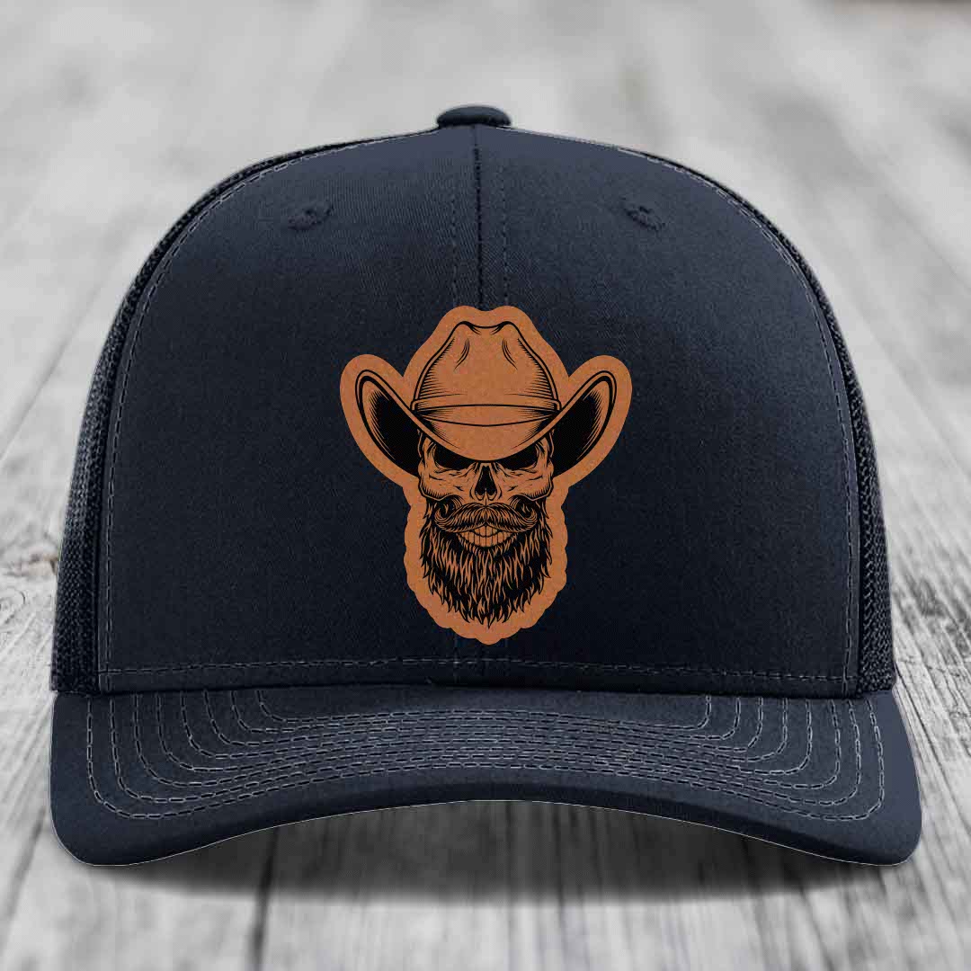 Bearded Cowboy Skull - Leather Patch Hat - Rawhide to Black Patch - Richardson 112 Snapback Trucker Hat