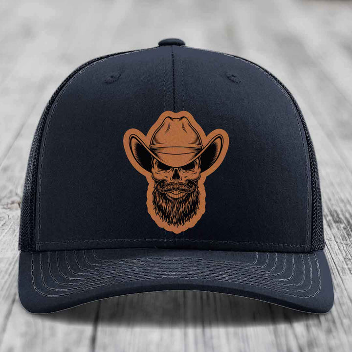 Bearded Cowboy Skull - Leather Patch Hat - Rawhide to Black Patch - Richardson 112 Snapback Trucker Hat