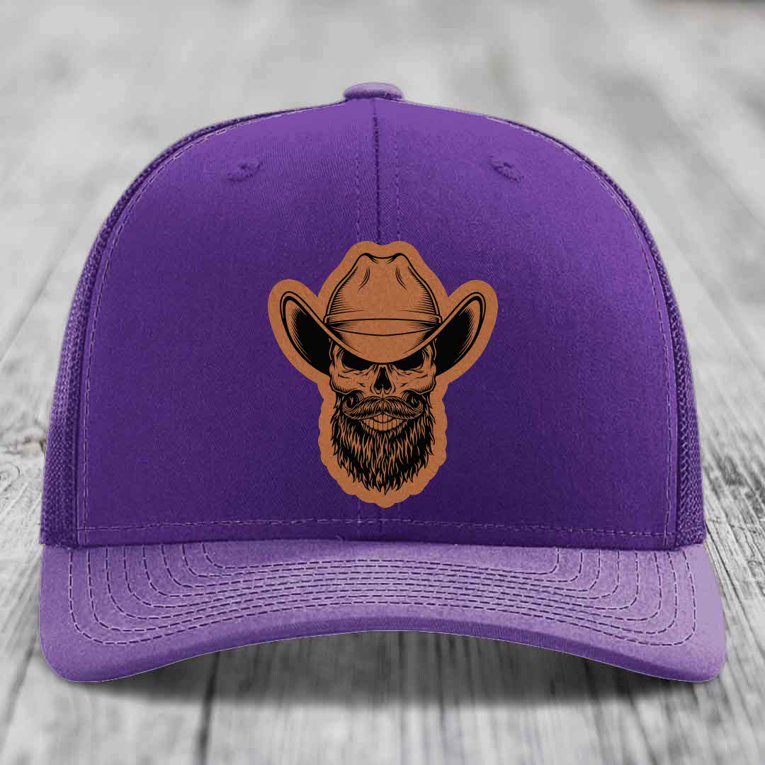 Bearded Cowboy Skull - Leather Patch Hat - Rawhide to Black Patch - Richardson 112 Snapback Trucker Hat