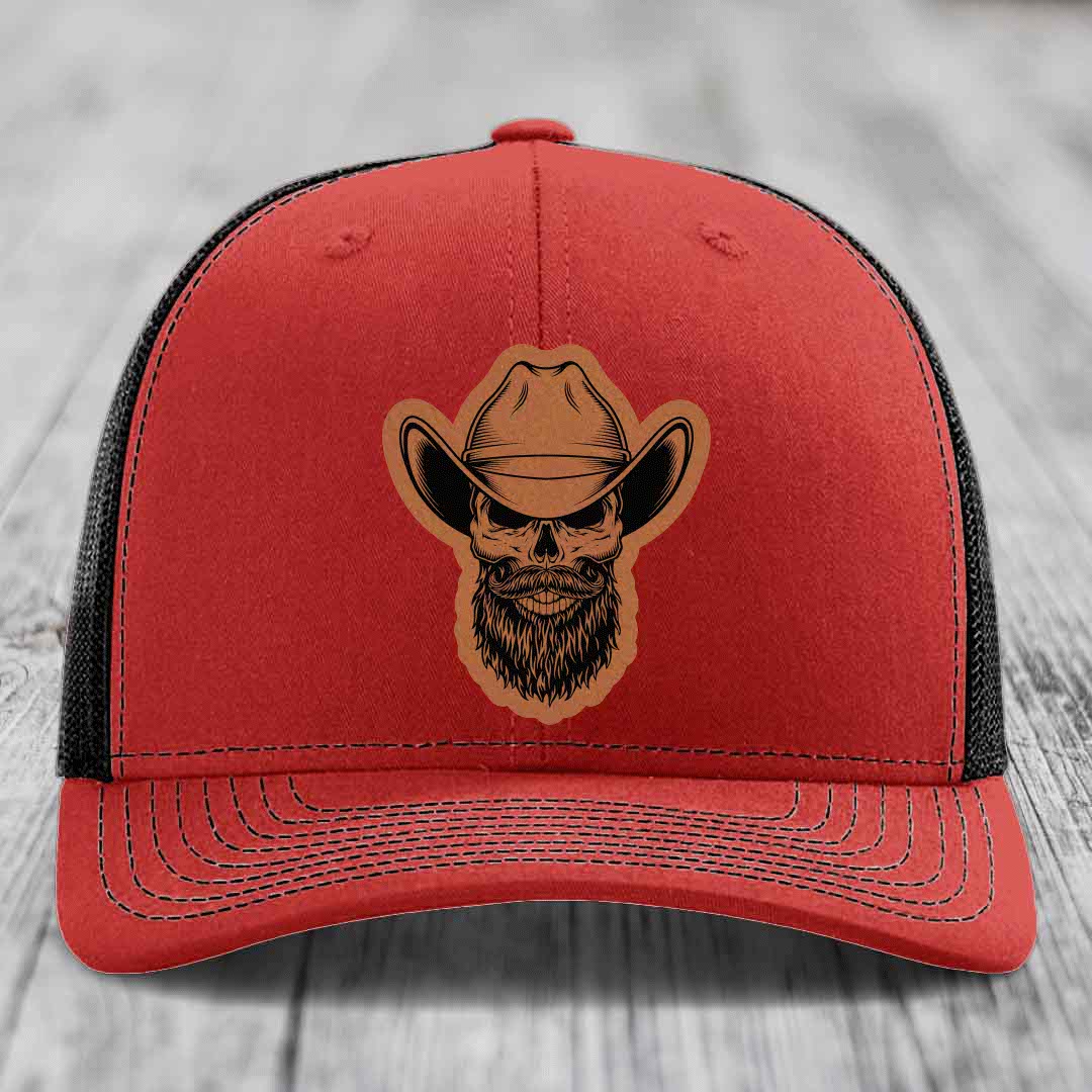 Bearded Cowboy Skull - Leather Patch Hat - Rawhide to Black Patch - Richardson 112 Snapback Trucker Hat