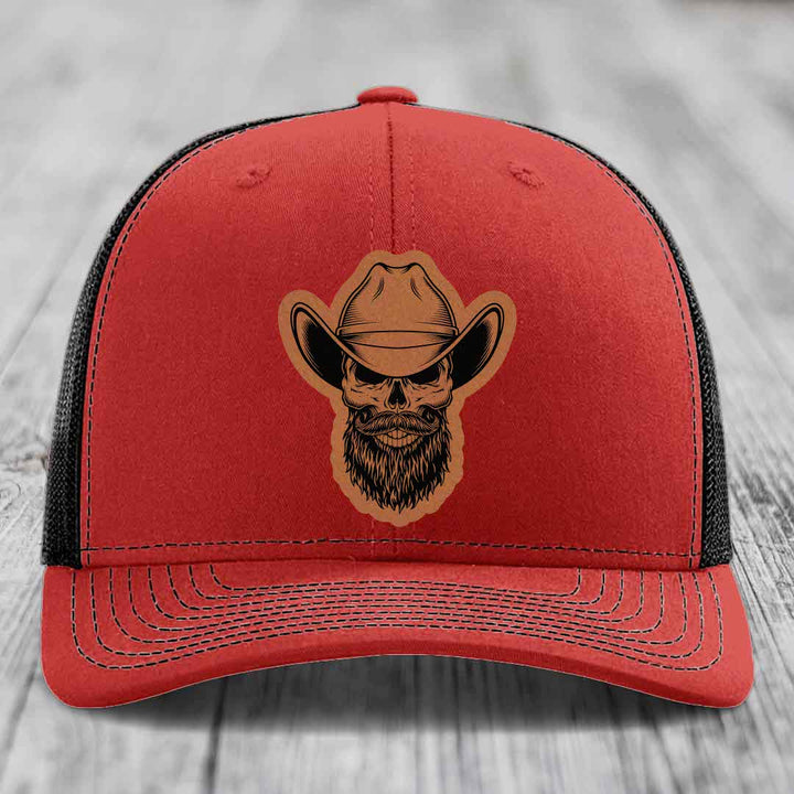 Bearded Cowboy Skull - Leather Patch Hat - Rawhide to Black Patch - Richardson 112 Snapback Trucker Hat