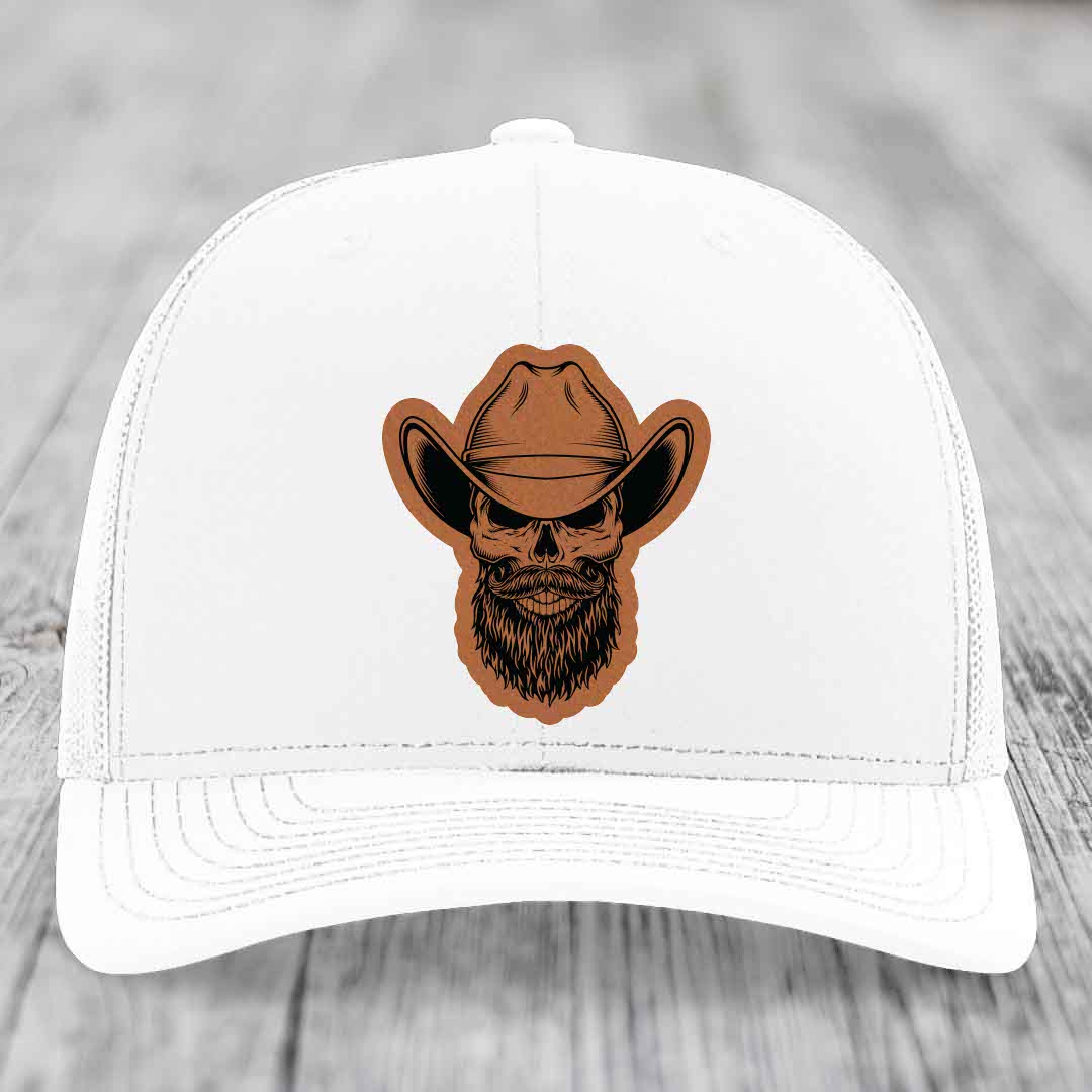 Bearded Cowboy Skull - Leather Patch Hat - Rawhide to Black Patch - Richardson 112 Snapback Trucker Hat
