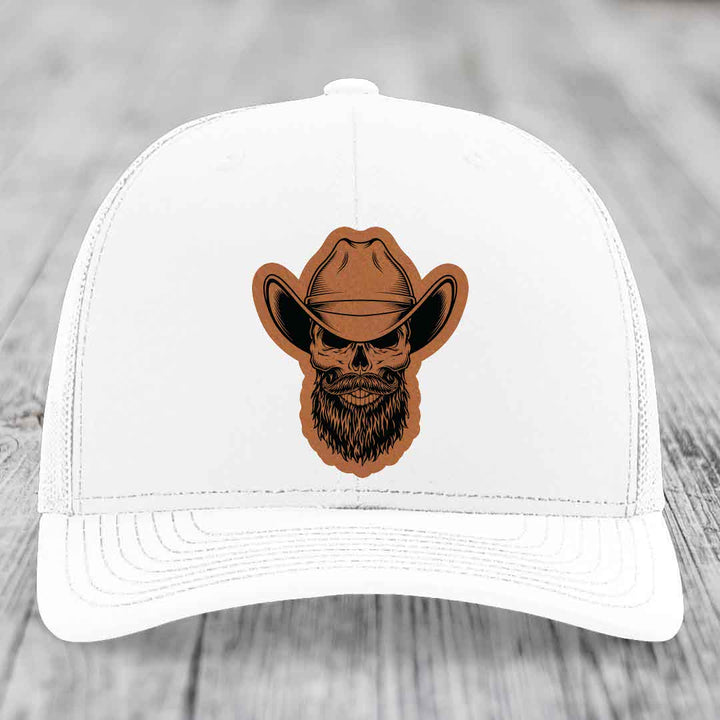 Bearded Cowboy Skull - Leather Patch Hat - Rawhide to Black Patch - Richardson 112 Snapback Trucker Hat