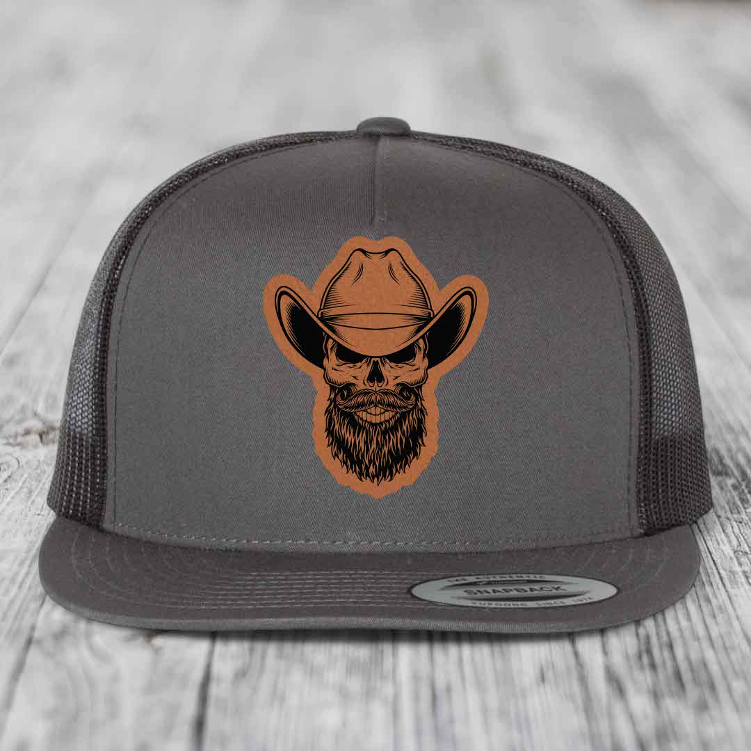 Bearded Cowboy Skull - Leather Patch Hat - Rawhide to Black Patch - Yupoong 6006 Snapback Flatbill Hat
