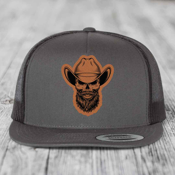 Bearded Cowboy Skull - Leather Patch Hat - Rawhide to Black Patch - Yupoong 6006 Snapback Flatbill Hat