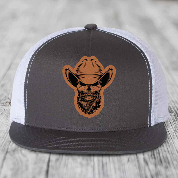 Bearded Cowboy Skull - Leather Patch Hat - Rawhide to Black Patch - Yupoong 6006 Snapback Flatbill Hat