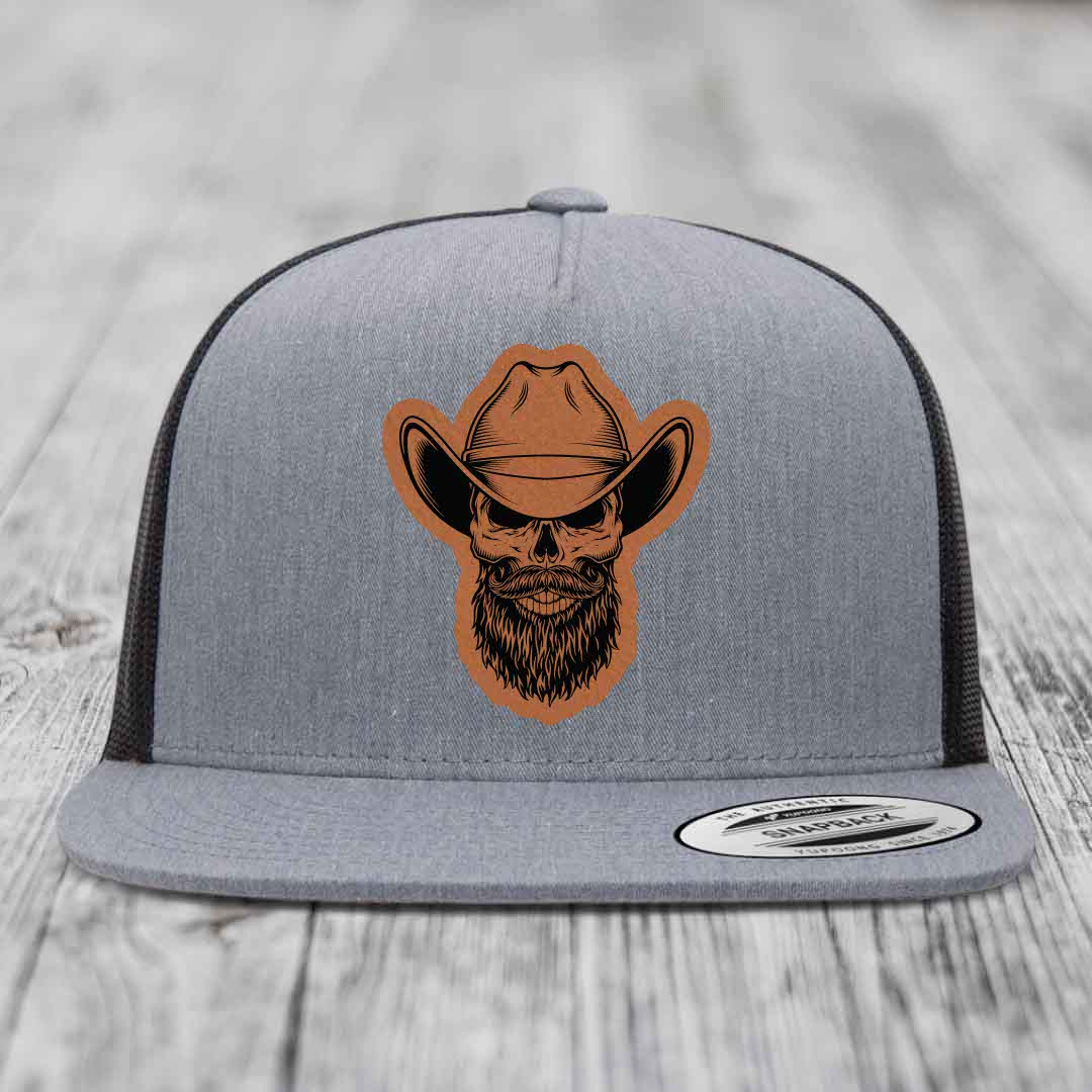 Bearded Cowboy Skull - Leather Patch Hat - Rawhide to Black Patch - Yupoong 6006 Snapback Flatbill Hat