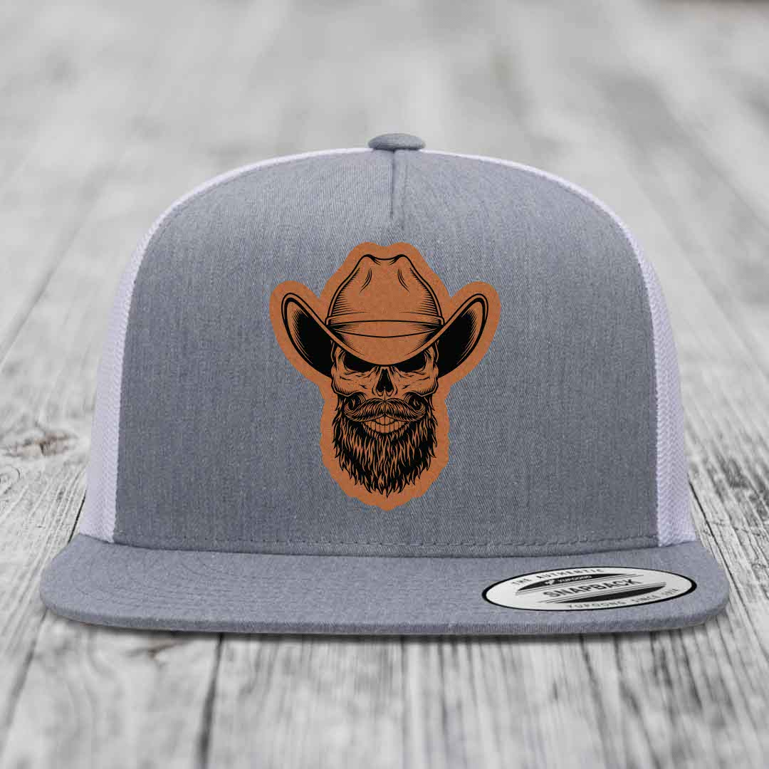 Bearded Cowboy Skull - Leather Patch Hat - Rawhide to Black Patch - Yupoong 6006 Snapback Flatbill Hat