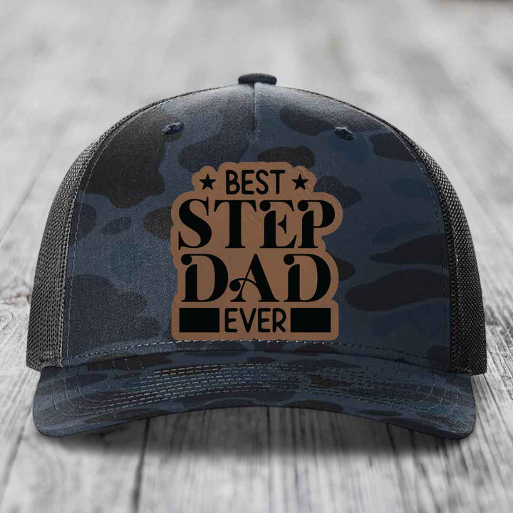 Best Step Dad Ever - Leather Patch Hat - Dark Brown to Black Patch - Richardson 112PFP Snapback Trucker Hat