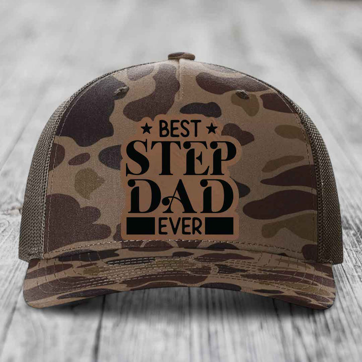 Best Step Dad Ever - Leather Patch Hat - Dark Brown to Black Patch - Richardson 112PFP Snapback Trucker Hat