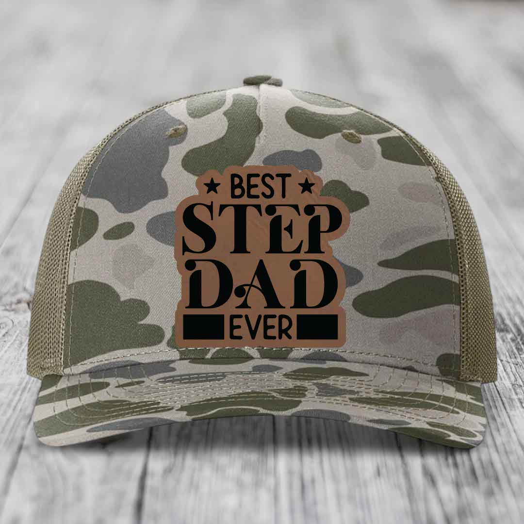 Best Step Dad Ever - Leather Patch Hat - Dark Brown to Black Patch - Richardson 112PFP Snapback Trucker Hat