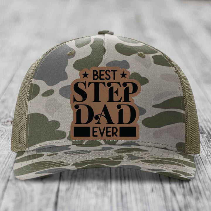 Best Step Dad Ever - Leather Patch Hat - Dark Brown to Black Patch - Richardson 112PFP Snapback Trucker Hat