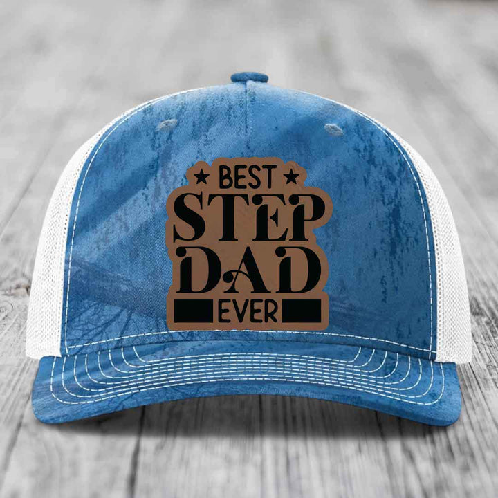 Best Step Dad Ever - Leather Patch Hat - Dark Brown to Black Patch - Richardson 112PFP Snapback Trucker Hat