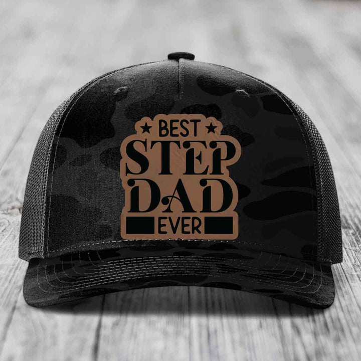 Best Step Dad Ever - Leather Patch Hat - Dark Brown to Black Patch - Richardson 112PFP Snapback Trucker Hat