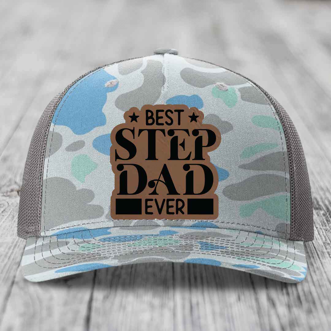 Best Step Dad Ever - Leather Patch Hat - Dark Brown to Black Patch - Richardson 112PFP Snapback Trucker Hat