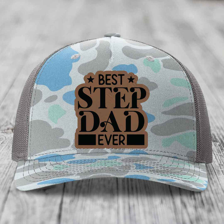 Best Step Dad Ever - Leather Patch Hat - Dark Brown to Black Patch - Richardson 112PFP Snapback Trucker Hat