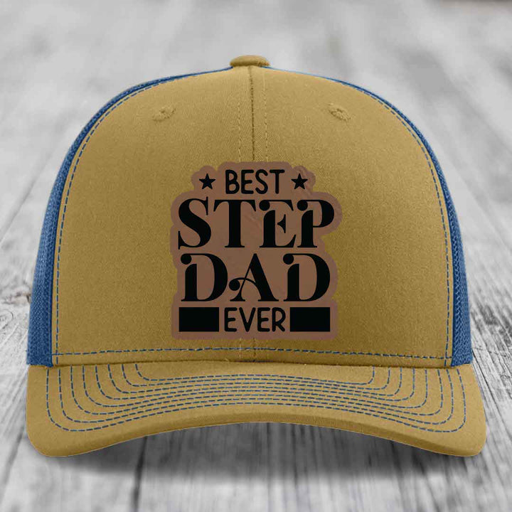 Best Step Dad Ever - Leather Patch Hat - Dark Brown to Black Patch - Richardson 112 Snapback Trucker Hat