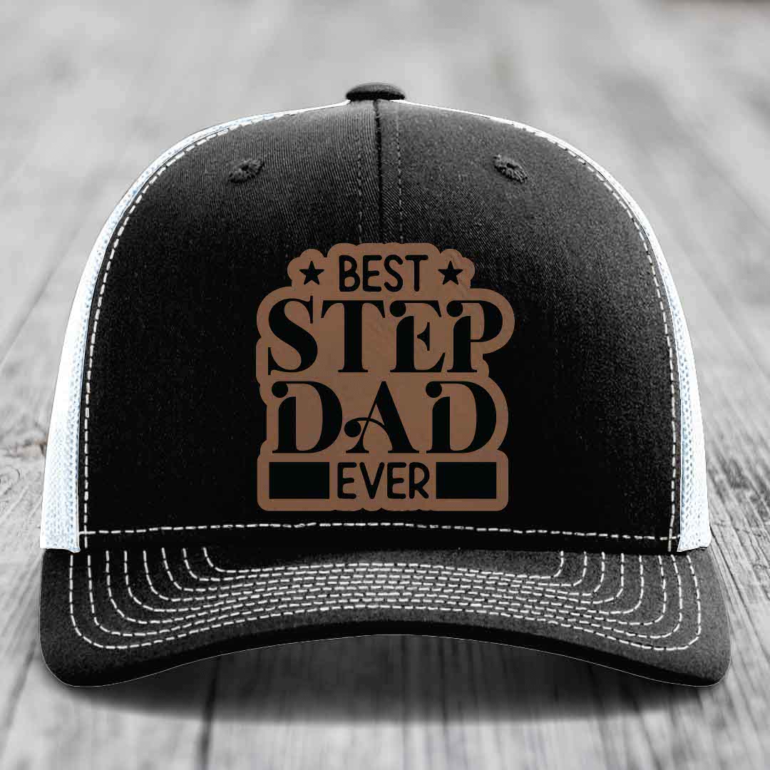 Best Step Dad Ever - Leather Patch Hat - Dark Brown to Black Patch - Richardson 112 Snapback Trucker Hat