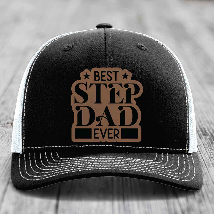 Best Step Dad Ever - Leather Patch Hat - Dark Brown to Black Patch - Richardson 112 Snapback Trucker Hat