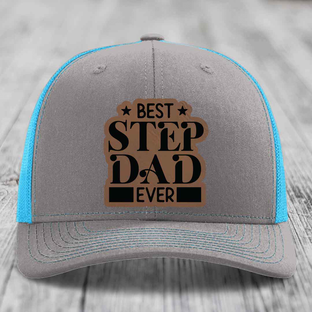 Best Step Dad Ever - Leather Patch Hat - Dark Brown to Black Patch - Richardson 112 Snapback Trucker Hat
