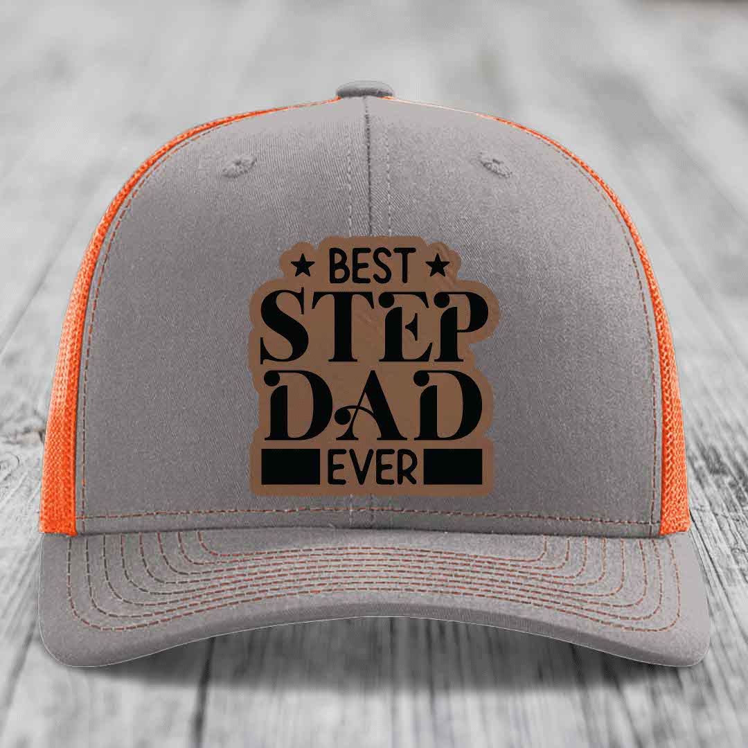 Best Step Dad Ever - Leather Patch Hat - Dark Brown to Black Patch - Richardson 112 Snapback Trucker Hat
