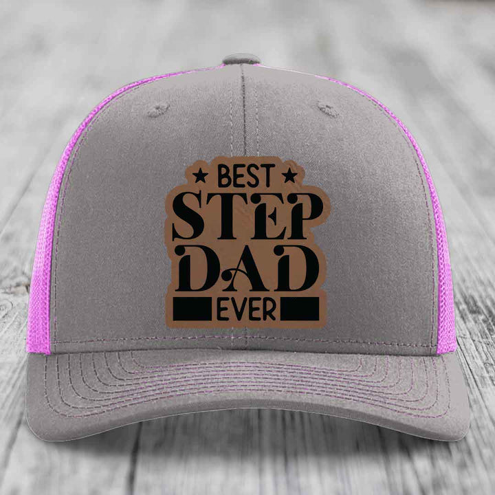 Best Step Dad Ever - Leather Patch Hat - Dark Brown to Black Patch - Richardson 112 Snapback Trucker Hat