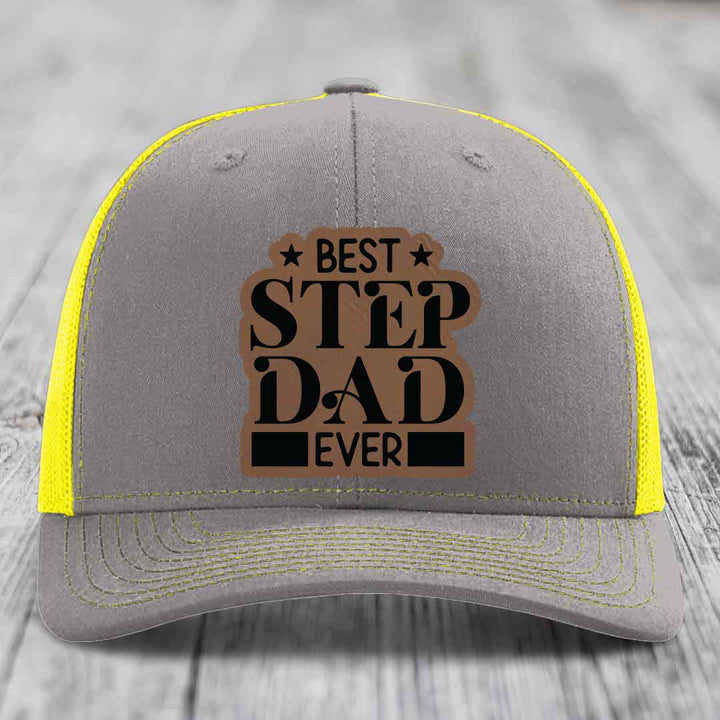 Best Step Dad Ever - Leather Patch Hat - Dark Brown to Black Patch - Richardson 112 Snapback Trucker Hat