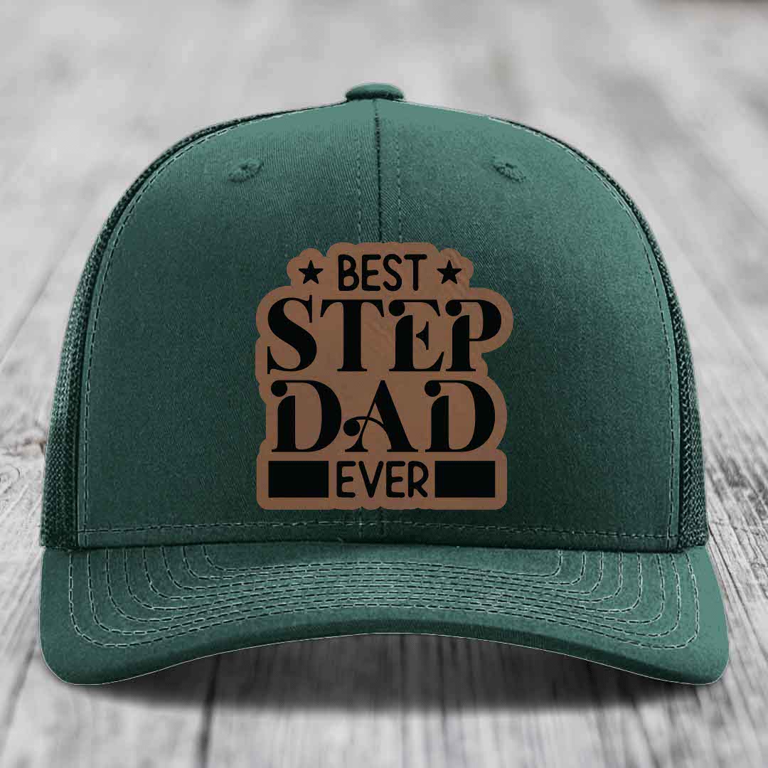 Best Step Dad Ever - Leather Patch Hat - Dark Brown to Black Patch - Richardson 112 Snapback Trucker Hat