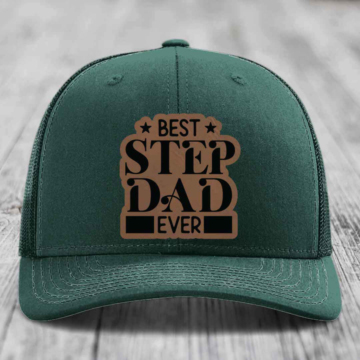 Best Step Dad Ever - Leather Patch Hat - Dark Brown to Black Patch - Richardson 112 Snapback Trucker Hat