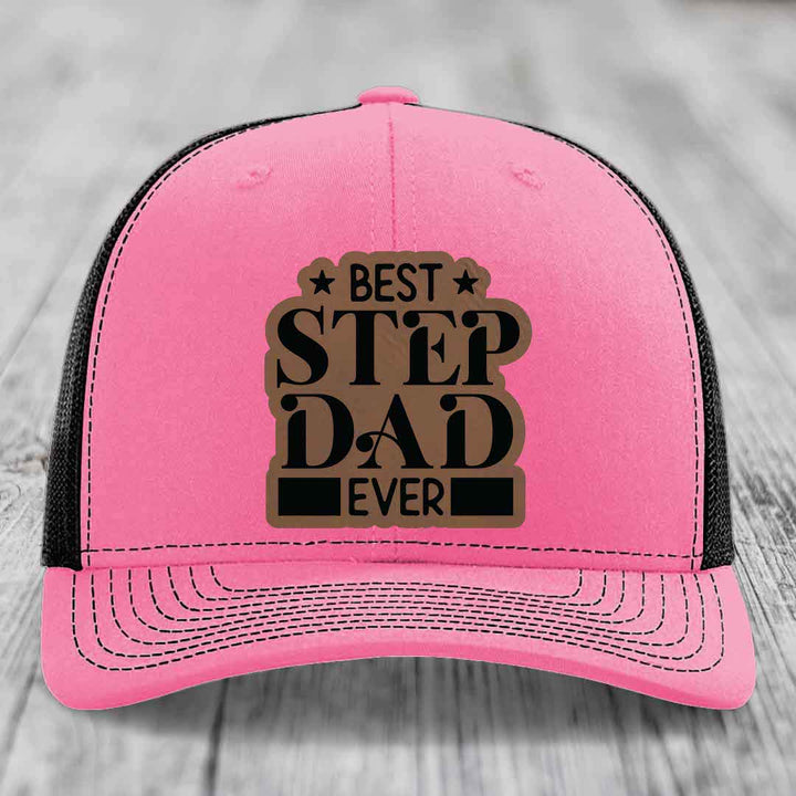 Best Step Dad Ever - Leather Patch Hat - Dark Brown to Black Patch - Richardson 112 Snapback Trucker Hat