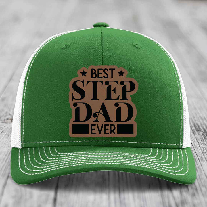 Best Step Dad Ever - Leather Patch Hat - Dark Brown to Black Patch - Richardson 112 Snapback Trucker Hat