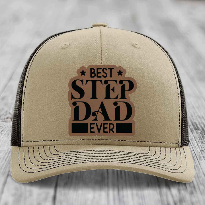 Best Step Dad Ever - Leather Patch Hat - Dark Brown to Black Patch - Richardson 112 Snapback Trucker Hat