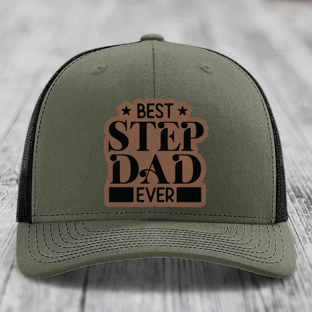 Best Step Dad Ever - Leather Patch Hat - Dark Brown to Black Patch - Richardson 112 Snapback Trucker Hat