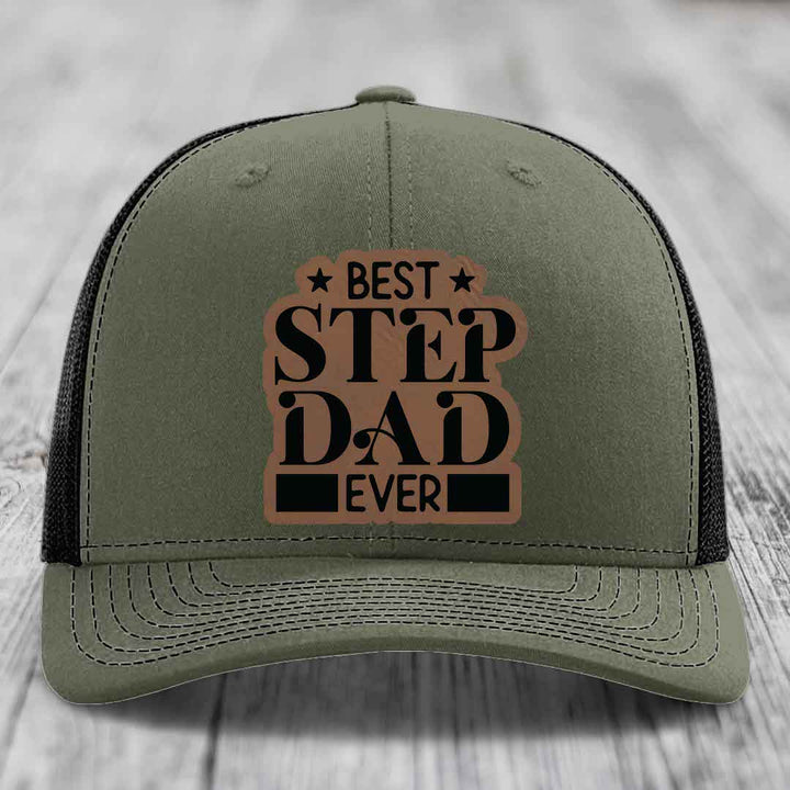 Best Step Dad Ever - Leather Patch Hat - Dark Brown to Black Patch - Richardson 112 Snapback Trucker Hat