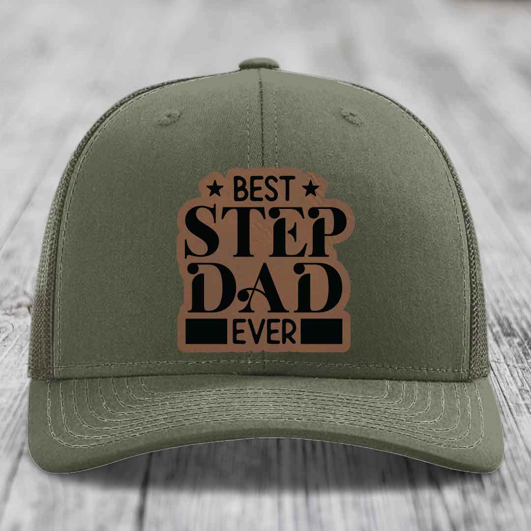 Best Step Dad Ever - Leather Patch Hat - Dark Brown to Black Patch - Richardson 112 Snapback Trucker Hat