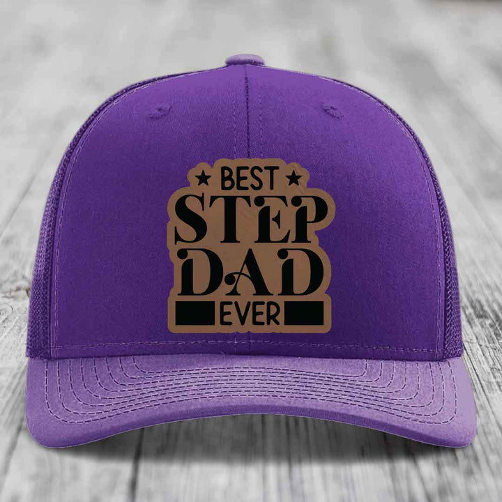 Best Step Dad Ever - Leather Patch Hat - Dark Brown to Black Patch - Richardson 112 Snapback Trucker Hat