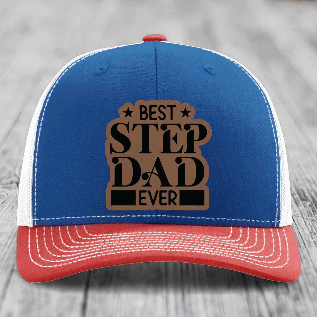 Best Step Dad Ever - Leather Patch Hat - Dark Brown to Black Patch - Richardson 112 Snapback Trucker Hat