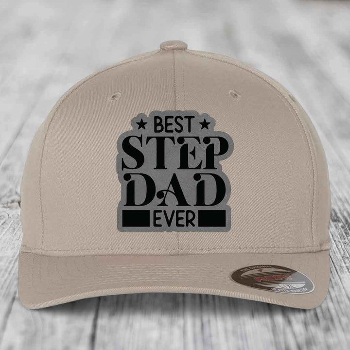Best Step Dad Ever - Leather Patch Hat - Grey to Black Patch - Flexfit 6277 Fitted Hat