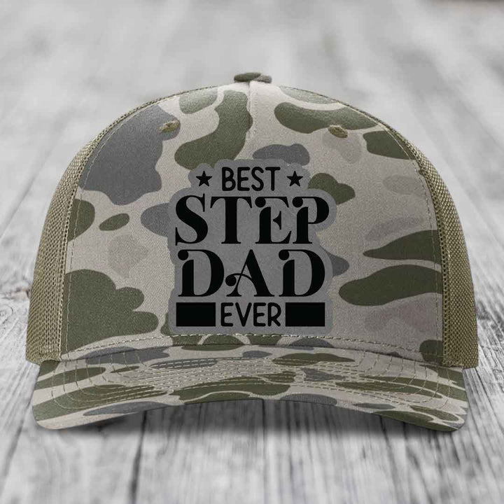 Best Step Dad Ever - Leather Patch Hat - Grey to Black Patch - Richardson 112PFP Snapback Trucker Hat