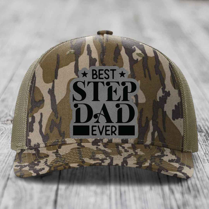 Best Step Dad Ever - Leather Patch Hat - Grey to Black Patch - Richardson 112PFP Snapback Trucker Hat