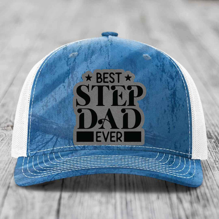 Best Step Dad Ever - Leather Patch Hat - Grey to Black Patch - Richardson 112PFP Snapback Trucker Hat